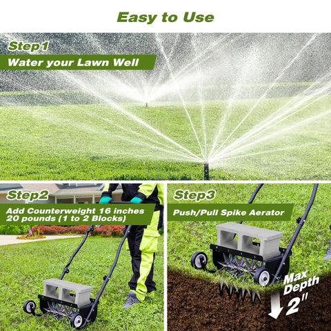 18-Inch Push Spike Lawn Aerator With Pro Grade Heavy Duty Rolling Design in use on grass with step-by-step instructions