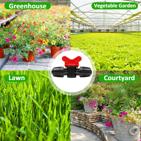 Thirteen Piece One Half Inch Drip Irrigation Shut Off Valves Kit for Garden System with colorful flower pots and greenery