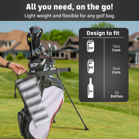 Hidden Golf Bag Cooler With Ice Pack Insulated Six Can Beer Sleeve displayed next to a golf bag, showing interior slots and design features.