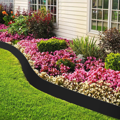 6 Inch Tall 33 Foot Landscape Plastic Edging Kit No Dig Install Including 3 Connectors 30 Spikes And 1 Hammer For Garden Beds Lawns And Yards Black Weather Resistant Easy To Install Durable Flexible Plastic Border along colorful flower bed.