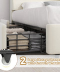 Snag This Super Roomy Queen Size Bed Frame With Plush Beige Velvet Upholstery And Two Easy Glide Storage Drawers Plus Smart Headboard Shelf For Total Bedroom Game Change And Stress Free Living showing two large storage drawers with smooth wheels.