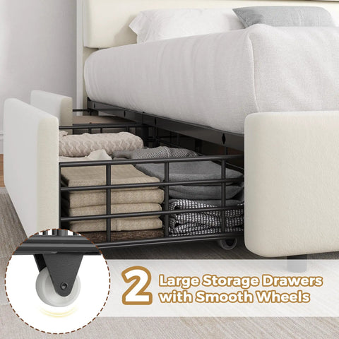 Snag This Super Roomy Queen Size Bed Frame With Plush Beige Velvet Upholstery And Two Easy Glide Storage Drawers Plus Smart Headboard Shelf For Total Bedroom Game Change And Stress Free Living showing two large storage drawers with smooth wheels.
