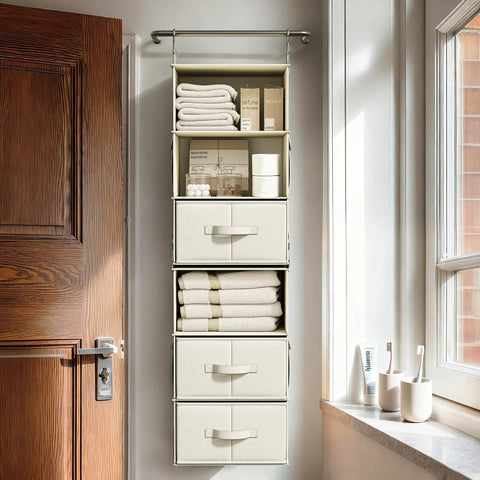 Heavy Duty Hanging Closet Organizer With Six Shelves And Three Zippered Drawers To Straight Up Upgrade Your Messy Wardrobe Storage Setup In Classic Beige Finish