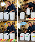 Image showing a mechanic labeling three jugs with 9 Pack Hydraulic Fluid Stickers 6x2 Inch Waterproof Decals for safety.
