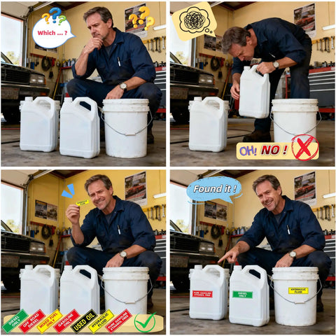 Image showing a mechanic labeling three jugs with 9 Pack Hydraulic Fluid Stickers 6x2 Inch Waterproof Decals for safety.