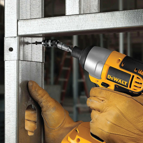 Using Pivoting Impact Driver Bit Tip Holder with Ring, One Quarter Inch Shank Fits Any Chuck Or Impact Driver for steel construction.