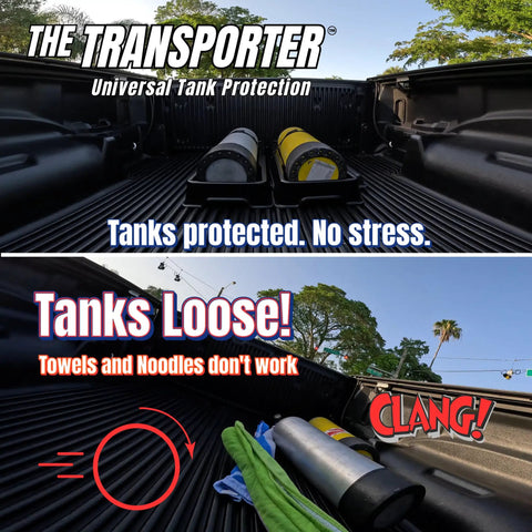 Comparison of Universal Scuba Tank Transporter With Valve Protection Non Slip Pad versus loose tanks in a truck bed