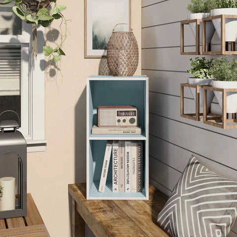 Stackable 2 Cube Wood Storage Organizer Shelves For Dorm, Teen Room And Home Office Fits Cubby Bins, Creative Organization, Light Blue Finish
