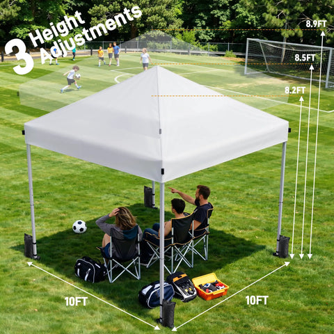 One Button Quick Setup 10x10 Pop Up Canopy With Carry Bag Portable Instant Shade Tent For Outdoor Events Parties Camping Includes 4 Sandbags And 8 Stakes White over sports field with chairs and soccer ball.