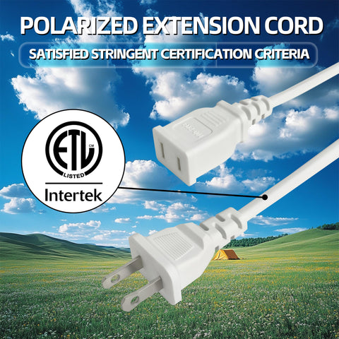 Flat 3 Foot White Extension Cord 2 Prong Polarized Light Duty ETL Listed Power Cable 18 AWG 125V 10A 1250W For Indoor Use