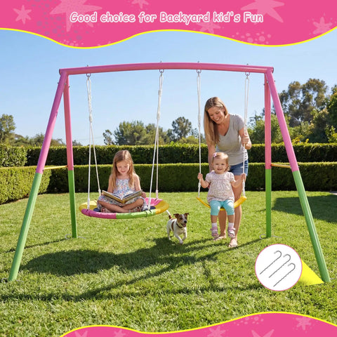 Heavy Duty Backyard Swing Set With Stand For Indoor Outdoor Fun 440 Lb Capacity Metal Frame Includes 32 Inch Saucer Swing And 26.2 Inch Belt Seat Double Swing Fun For Kids And Adults Pink Playset with family playing