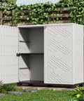 Front view of Indoor Outdoor Plastic Storage Cabinet With One Shelf 34 X 15 X 34 Inches White Weather Resistant UV Protected