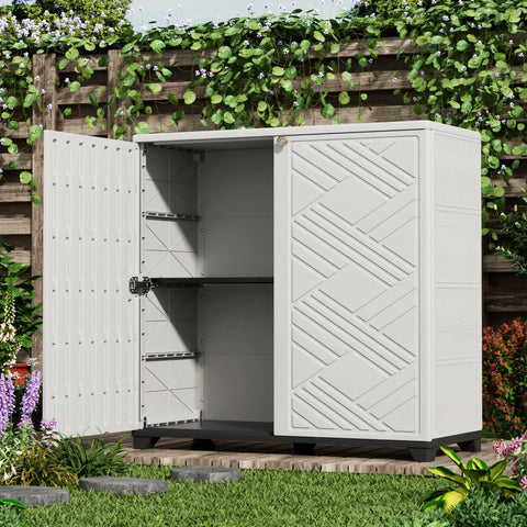 Front view of Indoor Outdoor Plastic Storage Cabinet With One Shelf 34 X 15 X 34 Inches White Weather Resistant UV Protected