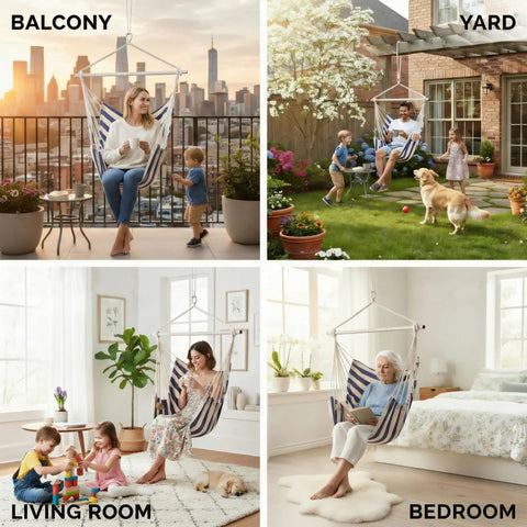Heavy Duty Outdoor Hammock Chair Swing With Steel Spreader Bar And Anti Slip Rings 500 Pound Capacity shown in various settings