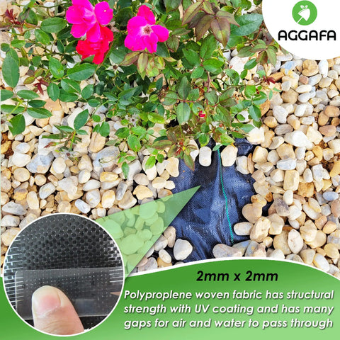Pro Grade Premium Heavy Duty Weed Barrier Fabric installed under mulch and gravel, 2Ft by 50Ft, visible with flowers and rocks