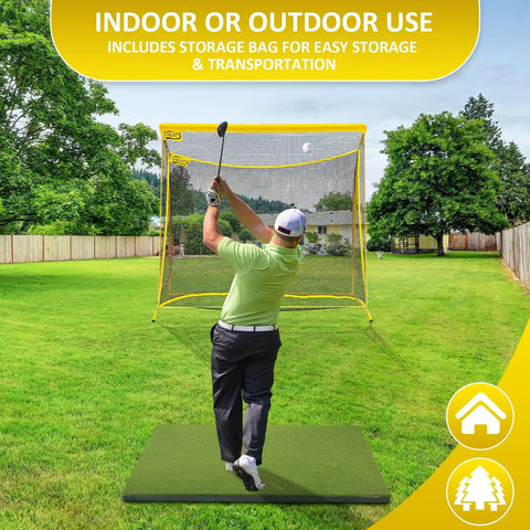 Golfer using Heavy Duty Golf Hitting Net 10x7 Ft with Extra Striking Net in backyard, showcasing full swing and interception.