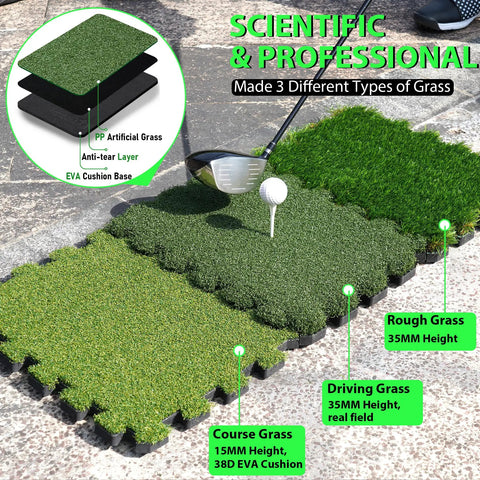 Tri Turf Golf Hitting Mat With Thick EVA Foam Base And Tri Turf Tiles showing different grass types for practice.