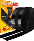 Heavy Duty Hook And Loop Tape Roll With Super Sticky Adhesive Backing Badass Industrial Fastening Strips That Cling Like Crazy And Rip Clean In Black One Inch, 1in x 30ft rolls displayed with packaging.