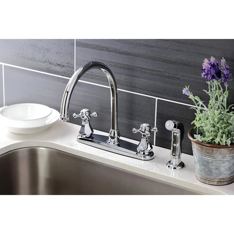 Metropolitan Two-Handle Centerset Kitchen Faucet with Side Sprayer in polished chrome on deck mount 8 inch centerset