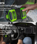 Close-up of hands operating 60V Gen 2 Stealth Series All Terrain Two Seat Electric Go Kart, showcasing battery and controls.