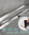 36 Inch Linear Shower Drain With Flange Hair Catcher For Tiled Inserts In SUS 304 Stainless Steel, shown with protective cover