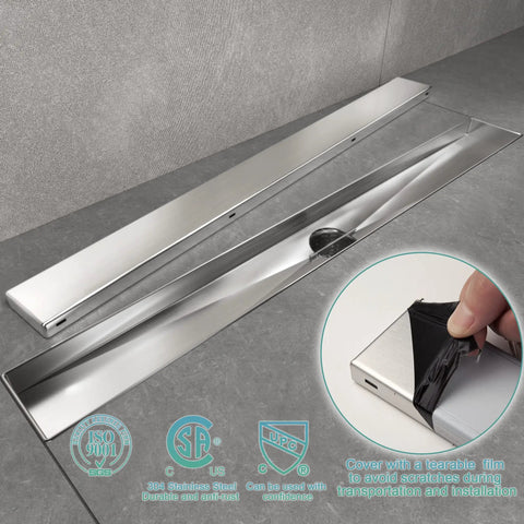 24 Inch Linear Shower Drain With Tile Insert Grate And Hair Strainer, Includes PVC Base And Adjustable Leveling Feet, Brushed 304 Stainless Finish, High Flow 36 LPM, Rectangle Floor Drain For Easy Tile Install on tiled floor, showing protective cover removal.