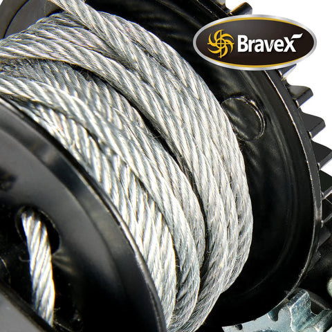 Close-up of 800lbs Capacity Beefy Built Heavy Duty Hand Winch with 26 Foot Steel Cable showing coiled cable and gear detail.