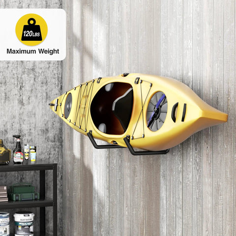 Heavy Duty Garage Storage Hooks 120 Lb Capacity Wall Mounted Rack for kayaks, holding a kayak on a wall in garage