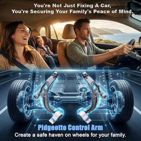 Family driving with Pidgeotto Control Arm illustration enhancing car safety.