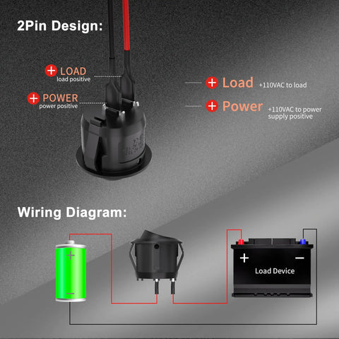 10 Pack KCD1 Mini Round Rocker Switches SPST On Off Snap In With 200mm Pre Wired Wires For Car Boat Auto Use 2 Pin Mount 6A 250V 10A 125V 12V DC Nylon PA66 Durable Tough, 2-pin wiring diagram