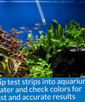 Ammonia Test Strips For Freshwater And Saltwater Tanks 25 Test Box used in aquarium with colorful fish and plants.
