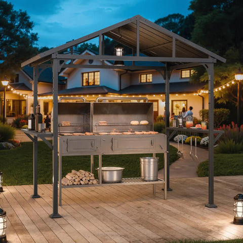 Hardtop Outdoor BBQ Grill Gazebo With Bar And Tool Hooks, Waterproof Sloped Roof, Smoke Venting Canopy For Patio in garden setting.
