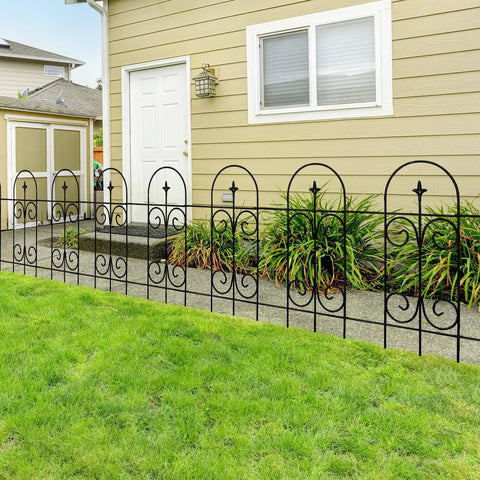 Rustproof Wrought Iron Garden Fence Border 32 Inch High And 20 Feet Long Across 14 Panels No Dig Fence installed in yard