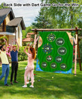 People playing with Double Sided Golf Chipping Game Mat 6x5 Ft For Indoor And Outdoor Practice Real Green Putting Scene Plus Score