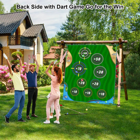People playing with Double Sided Golf Chipping Game Mat 6x5 Ft For Indoor And Outdoor Practice Real Green Putting Scene Plus Score