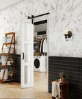 3 Lite Glass Bi Fold Barn Doors, 30 By 84 Inch Slab With 2.83 Ft Sliding Hardware Kit, installed in a laundry room with decorative wallpaper.