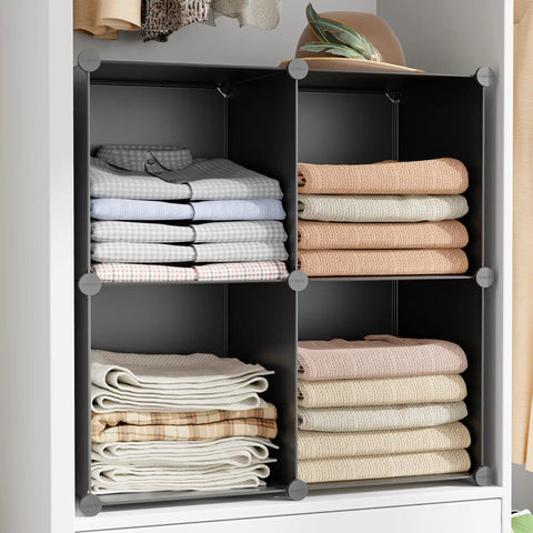 Smooth Setup Stackable Cube Storage Organizer Built For Quick Closet Upgrades And Smart Home Organization Perfect For Shoes Fabric Bins Books And Decor Keeping Your Place Tidy And Totally Fresh with neatly folded blankets and shirts.