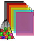 Six Colorful Mesh Drawstring Bags Set 14x18 Inch for gym gear and toys, multicolor nylon with easy lock closure, color-coded design.