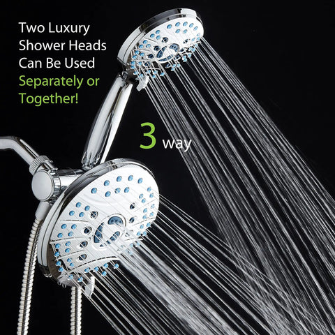 High Pressure 50 Mode Rain And Handheld Shower Head Combo With Anti Clog Nozzles, 3 Way Operation, Extra Long 6 Foot Stainless Steel Hose, All Chrome Finish, Built For Tub Tile Pet Washing And Power Wash