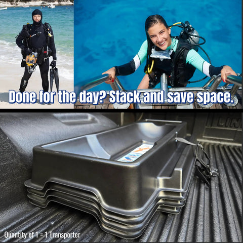Stacked Universal Scuba Tank Transporter With Valve Protection Non Slip Pad Quick Release Strap Interlocking Design