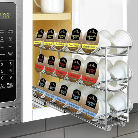 Slide Out Coffee Pod Holder And K Cup Organizer For Narrow Cabinets, Slim Pull Out Rack Keeps 30 Pods Stocked, Chrome Finish