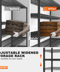Heavy Duty Garage Shelving Unit With Wheels And Adjustable Feet, five-tier steel wire rack, before and after adjustable width