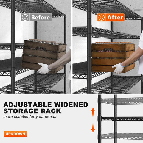 Heavy Duty Garage Shelving Unit With Wheels And Adjustable Feet, five-tier steel wire rack, before and after adjustable width