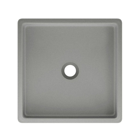 Top view of 15 Inch Square Concrete Vessel Sink For Bathrooms In Dark Grey Above Counter Installation Stain Resistant Non Porous Concrete No Faucet Holes For Wall Mounted Faucets Modern Durable Vessel Basin