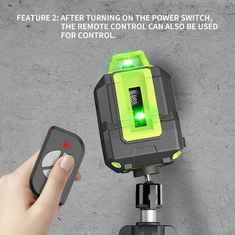 40 Inch 360 Degree Green Laser Level With Tripod Self Leveling Pulse Mode And Twin Li Ion Battery Go To DIY Tool For Accurate Room Layouts Cabinet Installations And Framing shown with remote control.