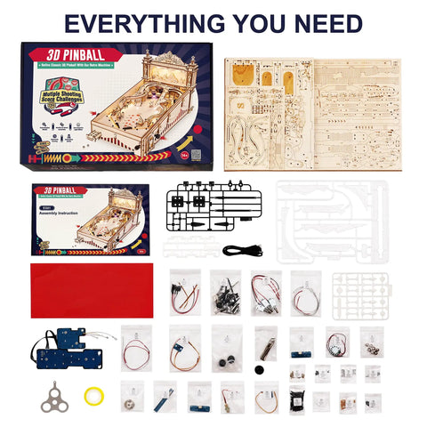 Handcrafted 3D Wooden Pinball Puzzle Kit For Adults And Teens 14 Plus Mechanical Model DIY Pinball Game Build Kit, parts laid out