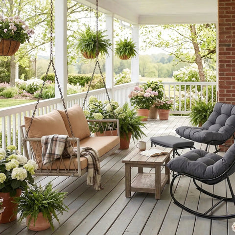 Wicker Porch Swing With Cushioned Seat And Armrests Hangout Ready Outdoor Hanging Swing Bed With Steel Chains on porch