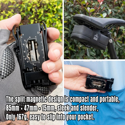 23 In 1 Bicycle Repair Tool Set Portable Magnetic Multitool With Tire Levers, Chain Cutter, shown with bike saddle pouch
