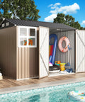 8x6Ft Outdoor Storage Shed With Clear Windows, Lockable Doors, Breathable Vent, And Metal Garden Tool Shed for poolside use.