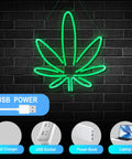 Lit Cannabis Leaf Neon Sign For Wall Decor With Dimmable USB LED Light Hemp Leaf Bar And Man Cave Accent, on brick wall
